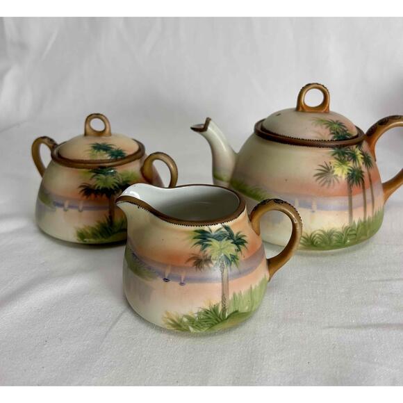 Other - Vintage Nippon Hand Painted Palm Tree Tea Set Porcelain Good Condition